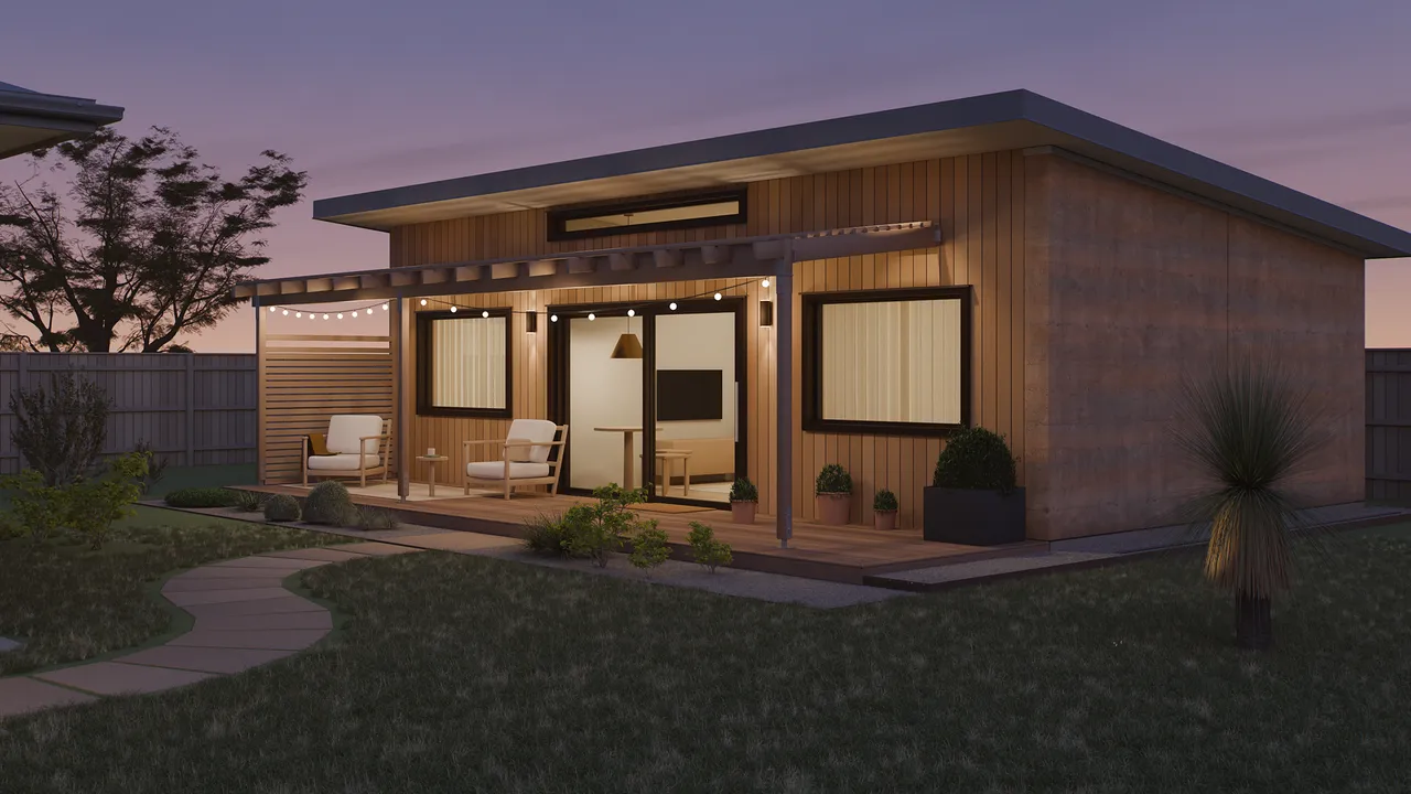 Studio concept render of Seed 60 at dusk: the deck lights and festoon lights on, the living room lit behind the sliding doors, native grass tree in the lawn.