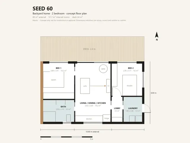Seed 60 concept floor layout: two bedrooms, an open living, dining and kitchen room, bathroom, laundry and a 24 square metre deck. Concept only.
